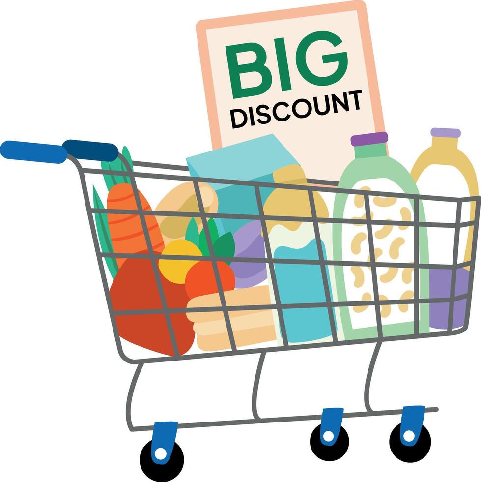 A flat illustration shopping trolley with big discount card vector