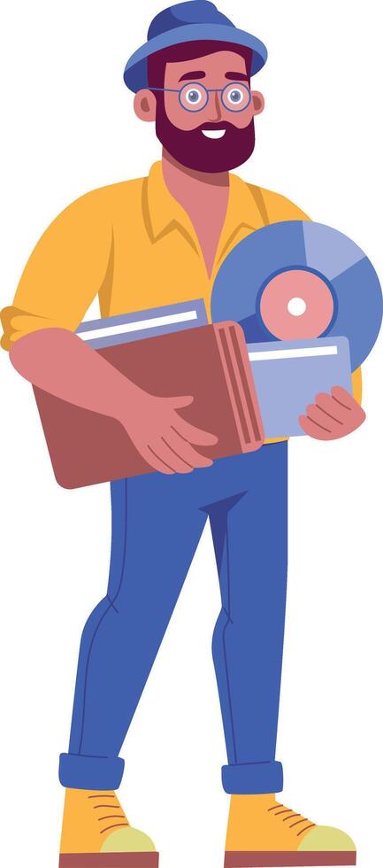 A flat style illustration of record collector holding vinyl vector