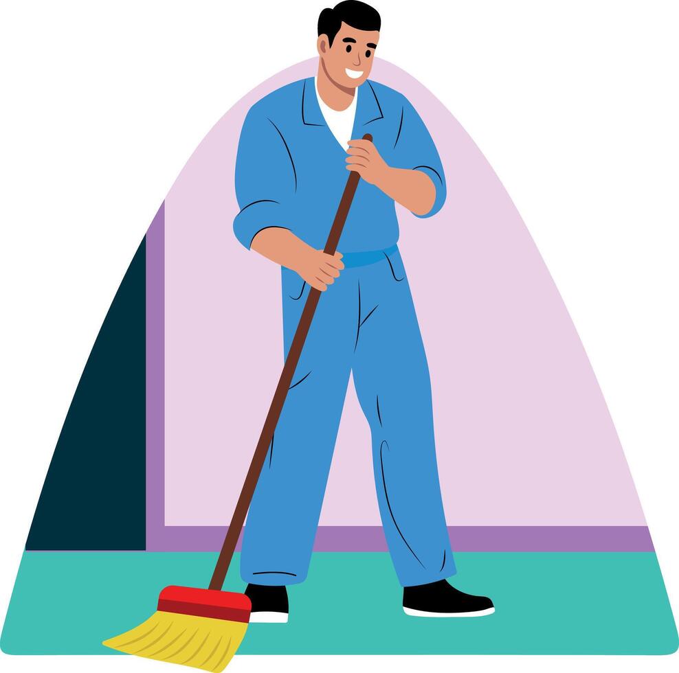 A flat illustration showing school janitor doing his work vector