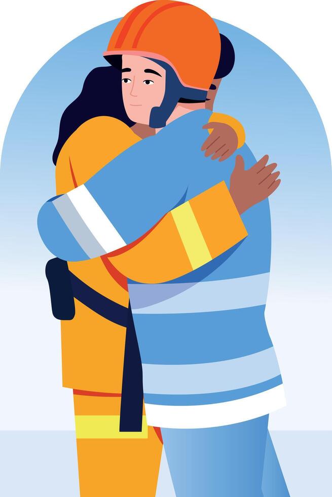 A flat style illustration showing fireman giving hug vector