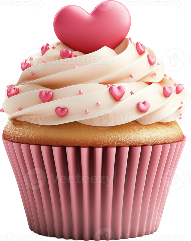 A cupcake with pink icing and hearts on top png