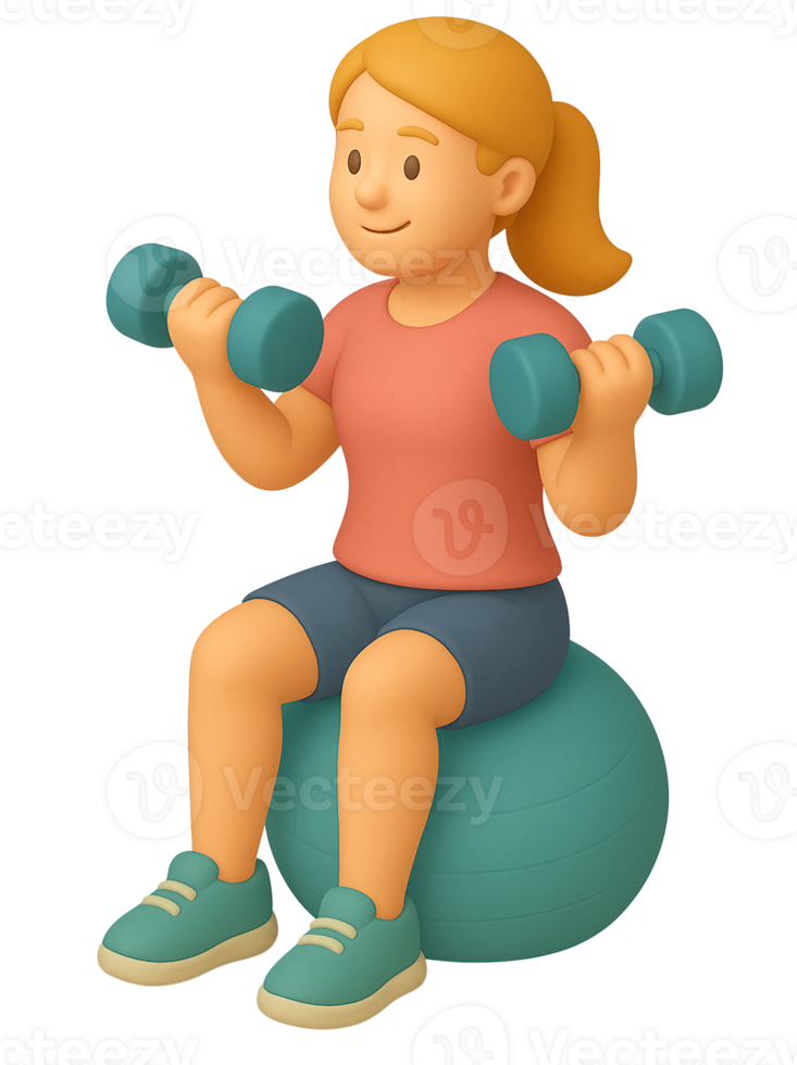 A woman sitting on a ball with two dumbbells png
