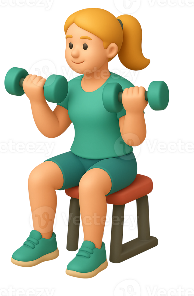 A woman is sitting on a bench with a dumbbell png