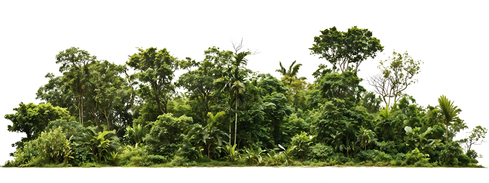 Dense tropical tree line with varied foliage and canopy heights isolated on transparent background, ideal for landscape architecture and environmental design projects png
