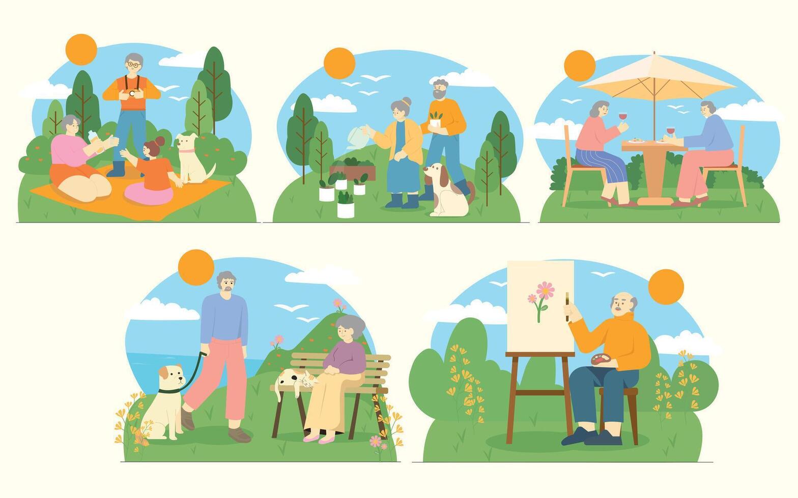 Seniors enjoying hobbies and leisure outdoors. illustrations vector