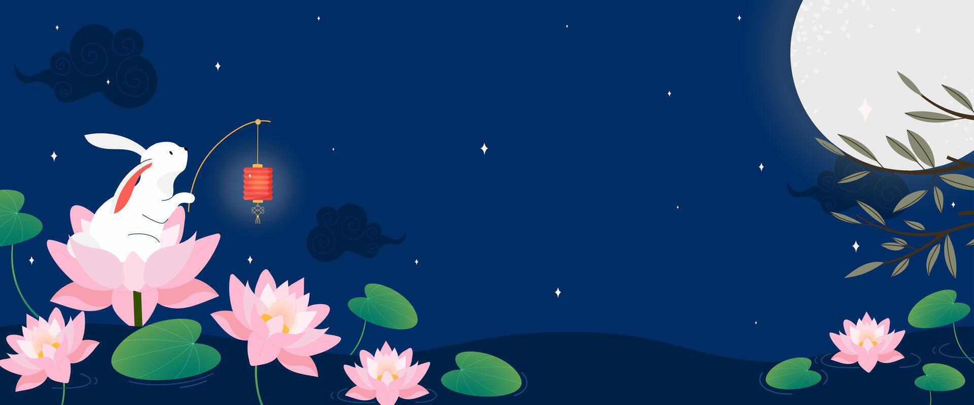 Mid-Autumn Festival night with rabbit and lantern on lotus. illustration vector