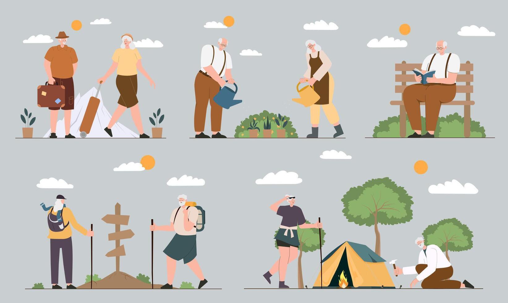 Seniors enjoying outdoor activities in nature. illustrations. vector