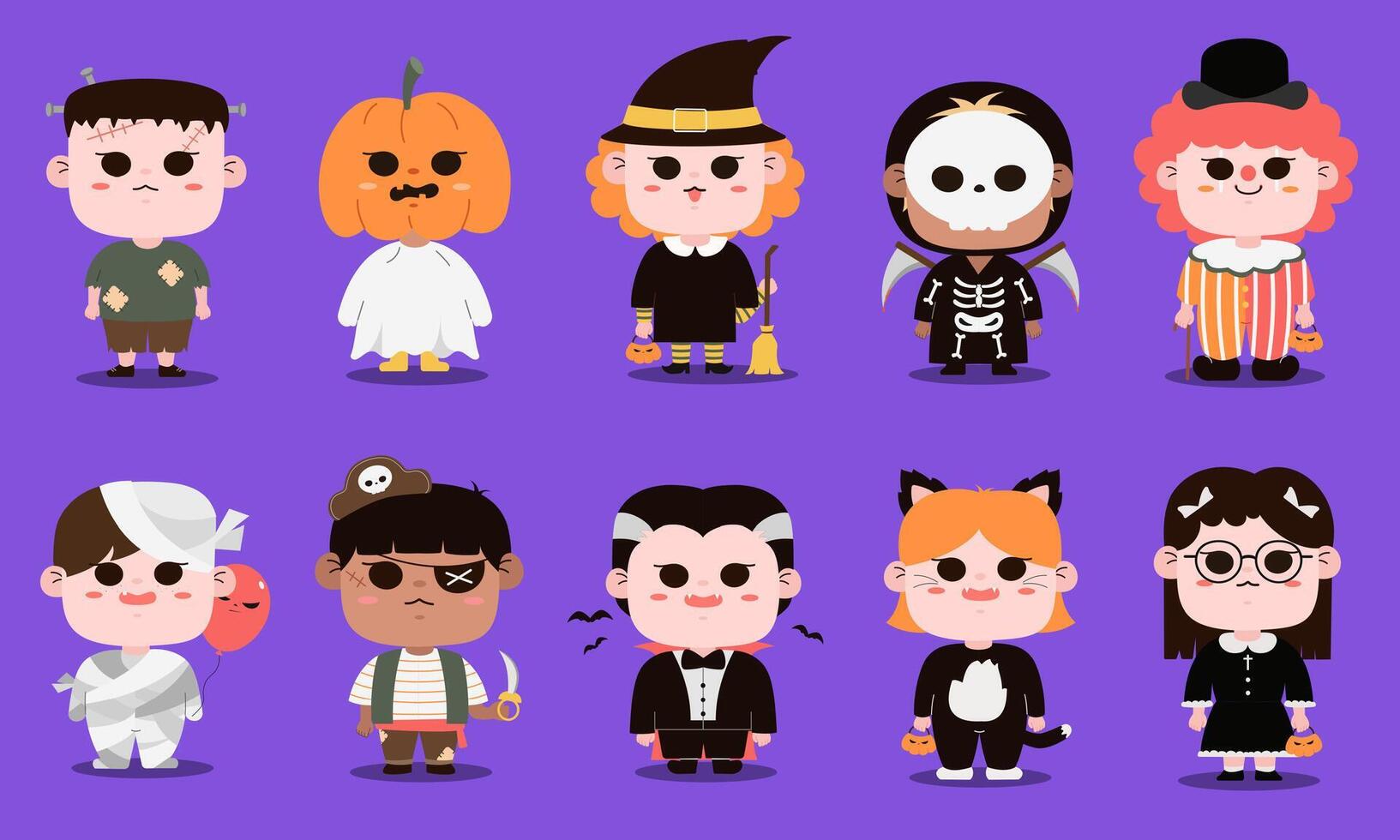 Cute Children in Halloween Costumes on Purple Background .Cartoon Style Illustrations. vector