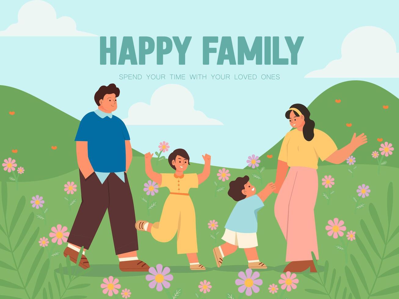 Happy family enjoying time in a flower-filled field. illustration vector