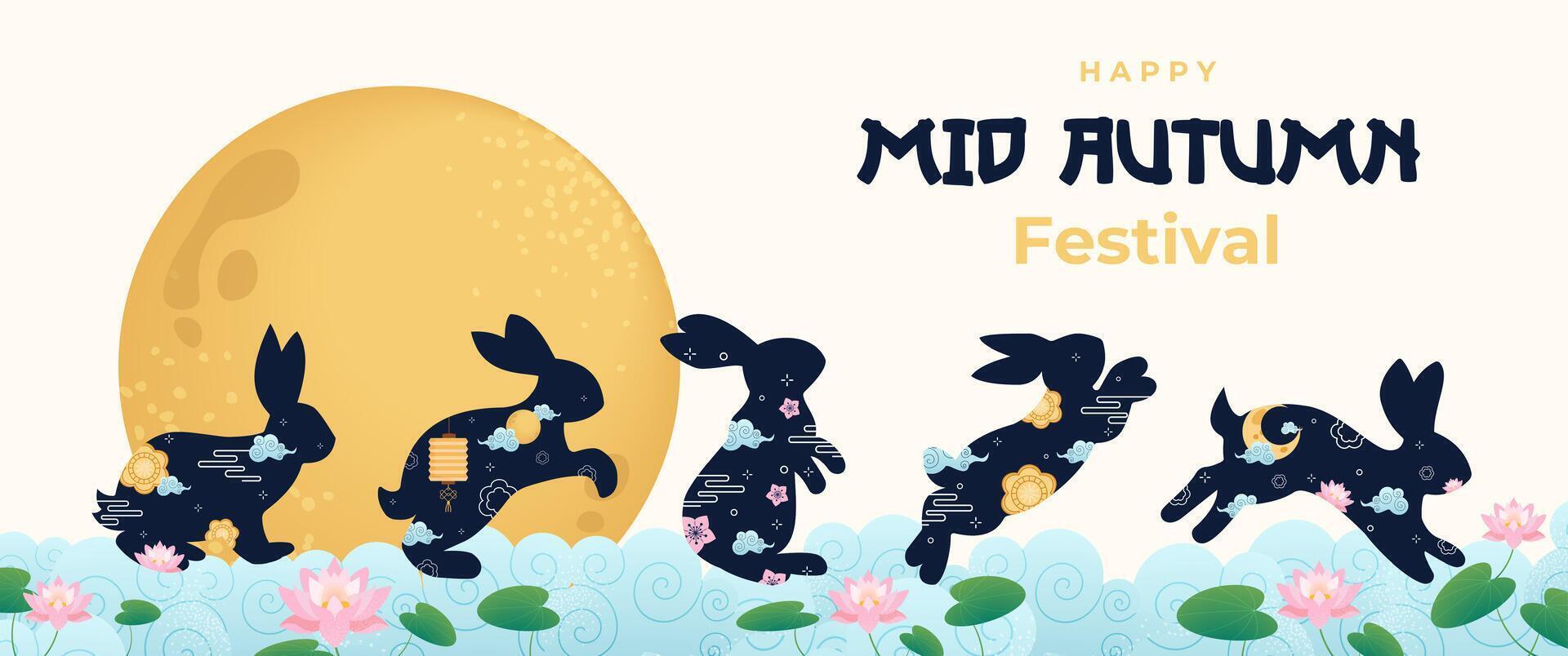 Mid-Autumn Festival with playful rabbits and moon. illustration vector