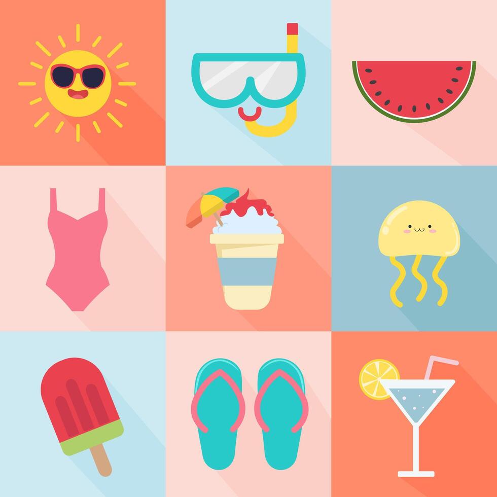 Summer pattern. Set of Summer posters. Ice cream, beach umbrella, flip flops and a cocktail . Abstract background patterns. Perfect background for posters, cover art, flyer, banner. vector