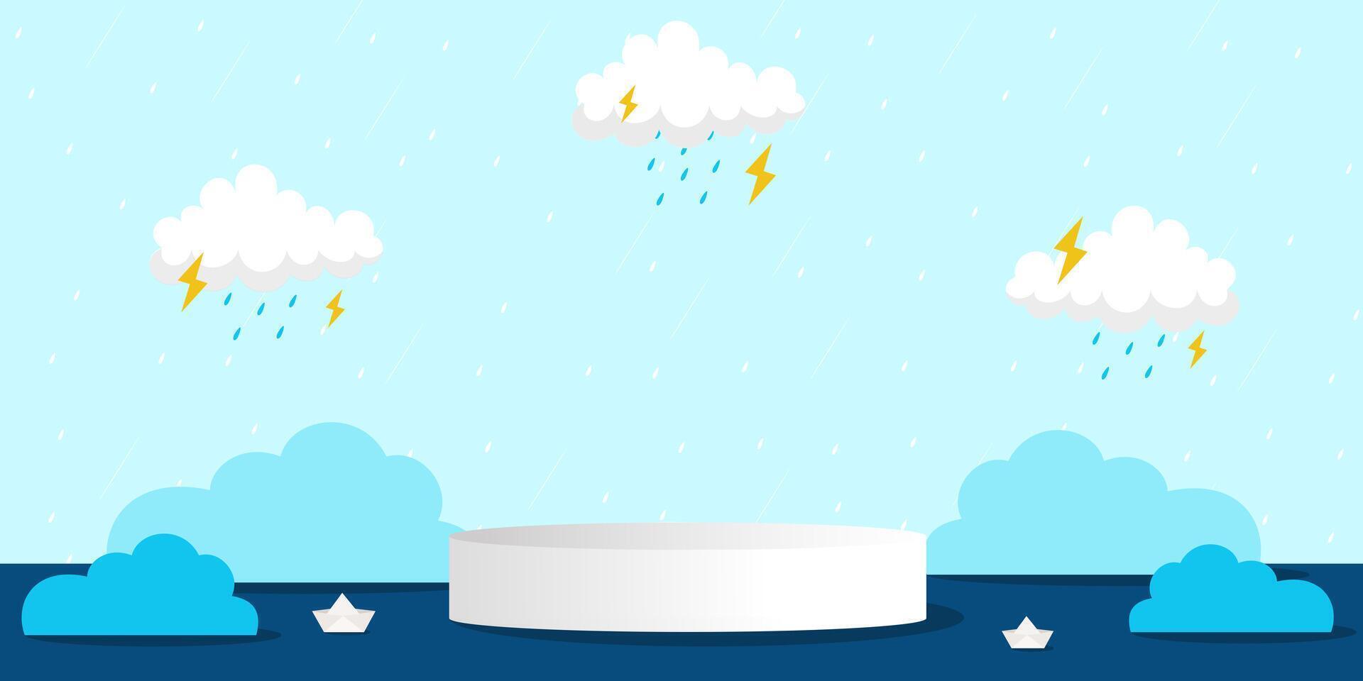 Monsoon sale podium with white fluffy clouds for products display presentation with clouds and raindrops. illustration vector