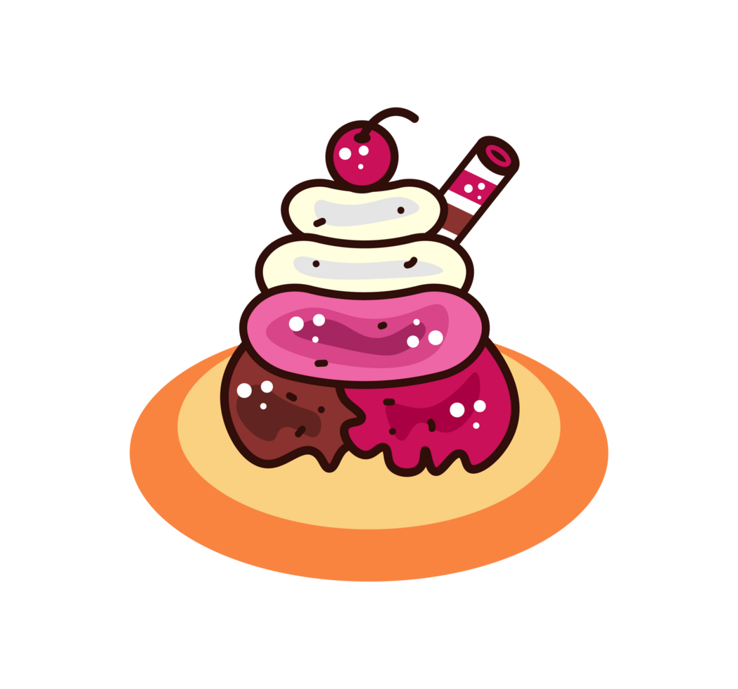 Colorful Ice Cream Sundae Illustration. Simple Sweet Dessert Icon. Fun Design with Scoops, Cherry, and Wafer on a Plate. Isolated Illustration. png
