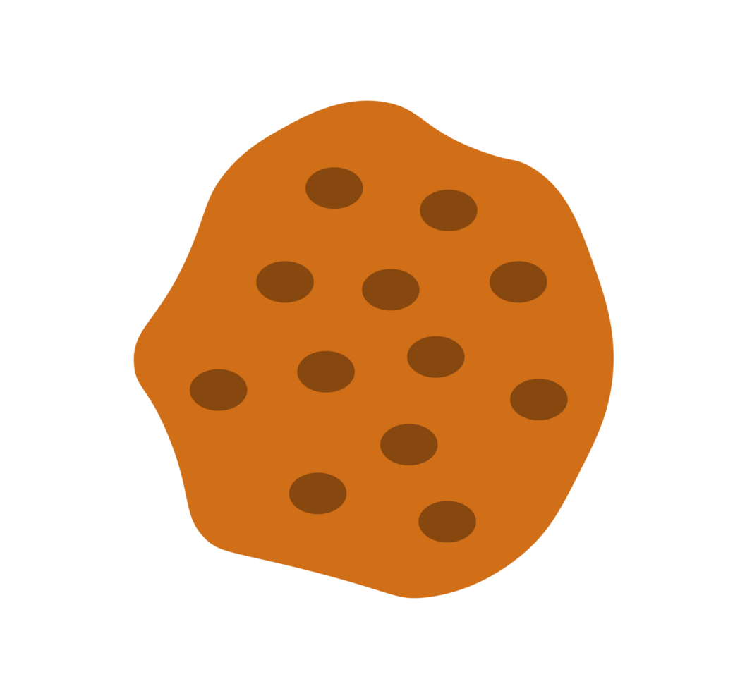 Brown Chocolate Chip Cookie Illustration. Simple Dessert Icon. Minimalist Design of a Single Round Cookie. Isolated Illustration. png