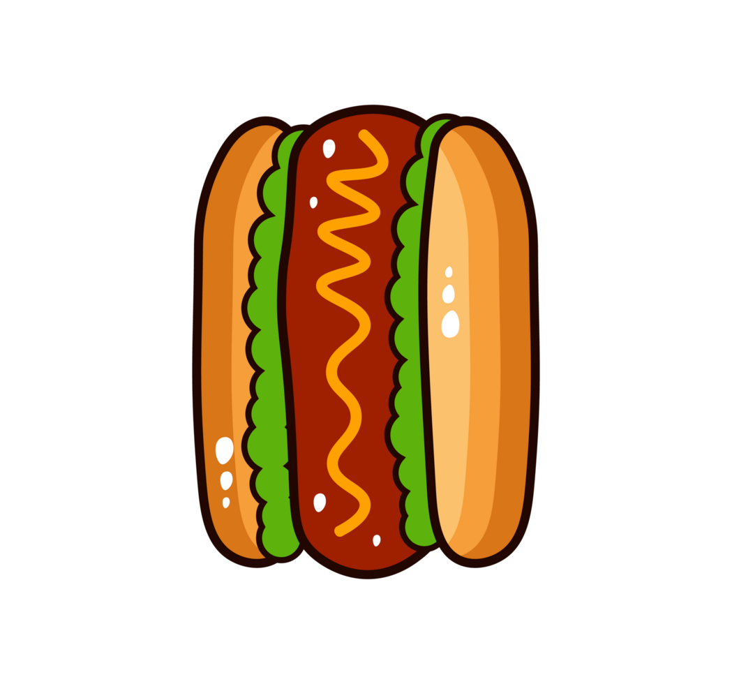 Colorful Hot Dog Illustration. Simple Fast Food Icon. Fun Design with Sausage, Bun, Mustard, and Relish. Isolated Illustration. png