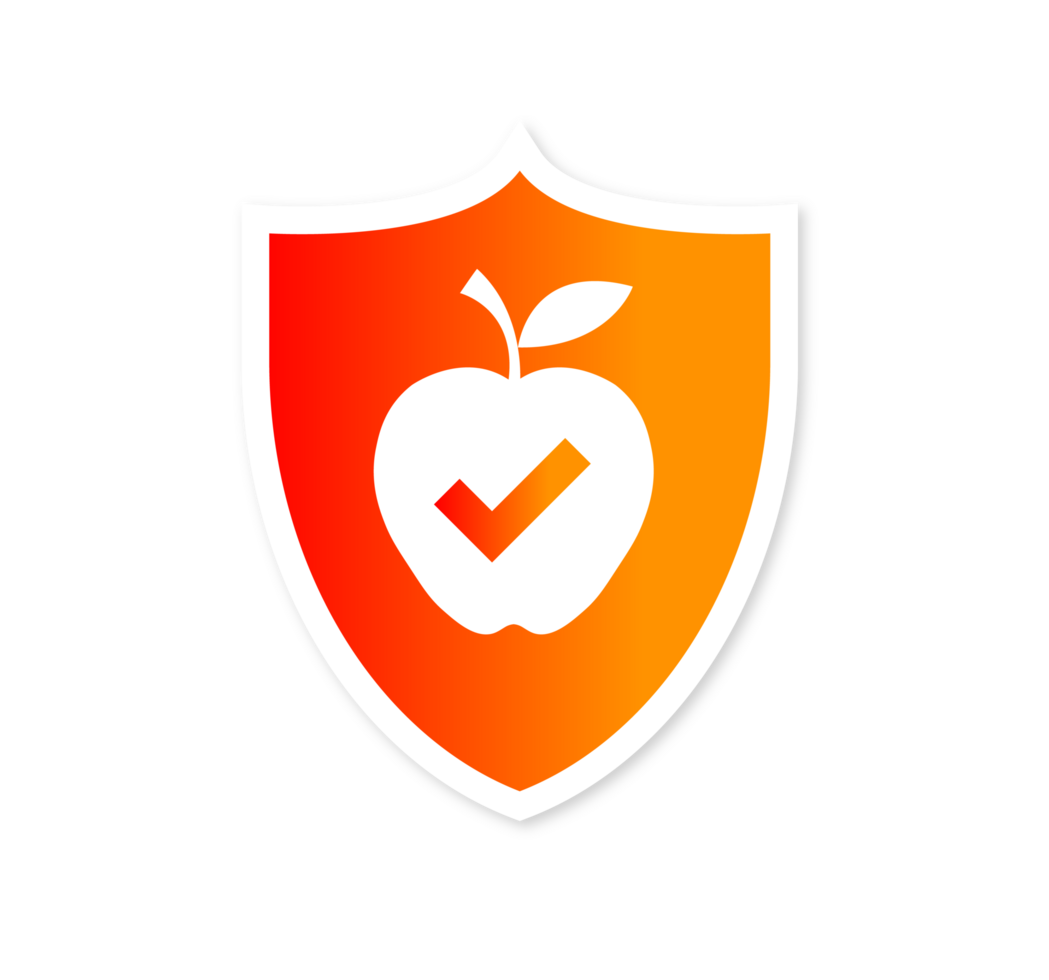 Orange Shield with Apple and Checkmark Illustration. Simple Healthy Food Icon. Minimalist Design for Nutrition or Wellness. Isolated Illustration. png