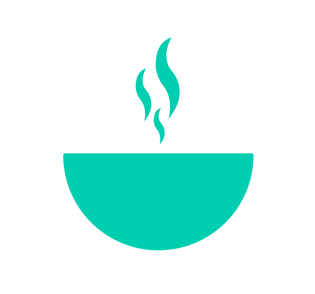 Teal Steaming Bowl Illustration. Simple Food Icon - Clean and basic illustration of a teal bowl with steaming vapor rising from it. Transparent background png