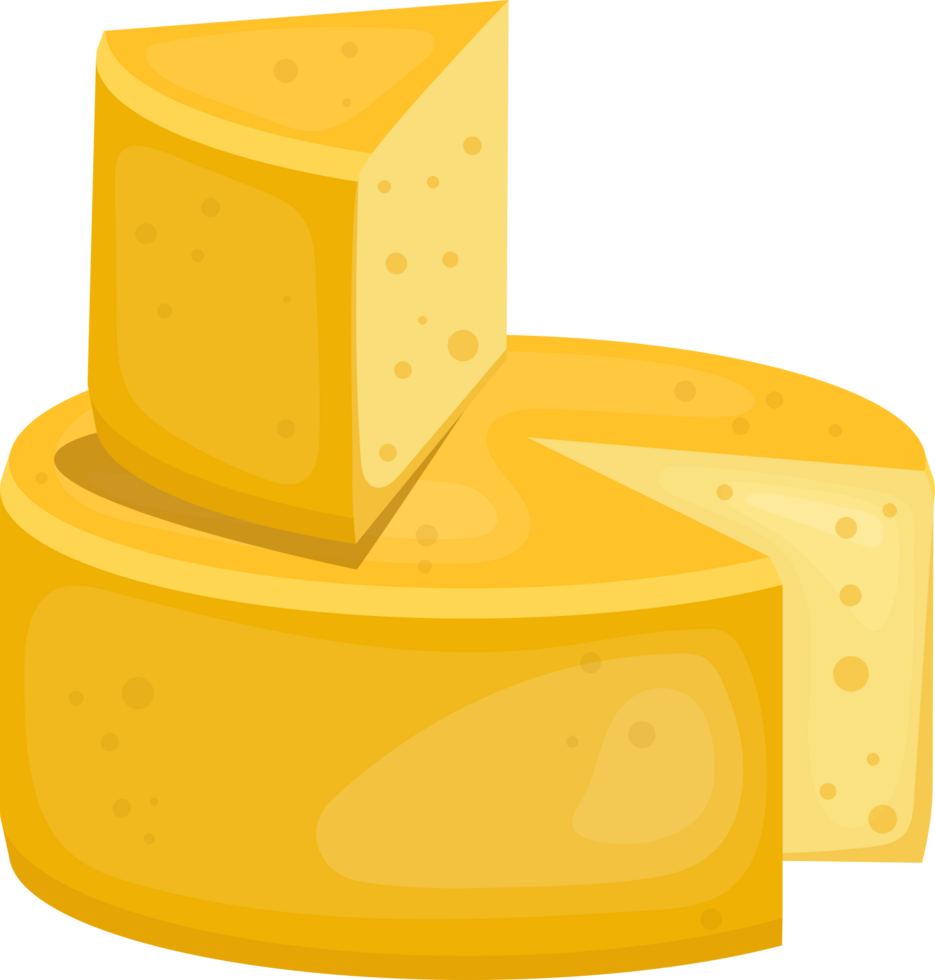 Cartoon depiction of a wheel of swiss cheese and a wedge on top. png