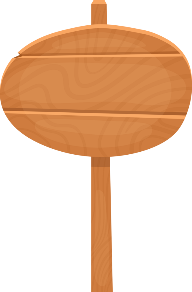 A blank oval-shaped wooden sign is mounted on a wooden post png