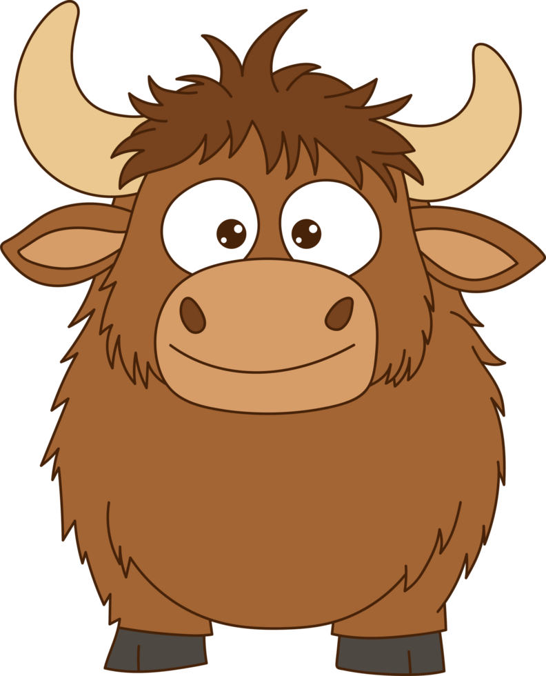 Cartoon depiction of a fluffy brown yak with large eyes and horns png