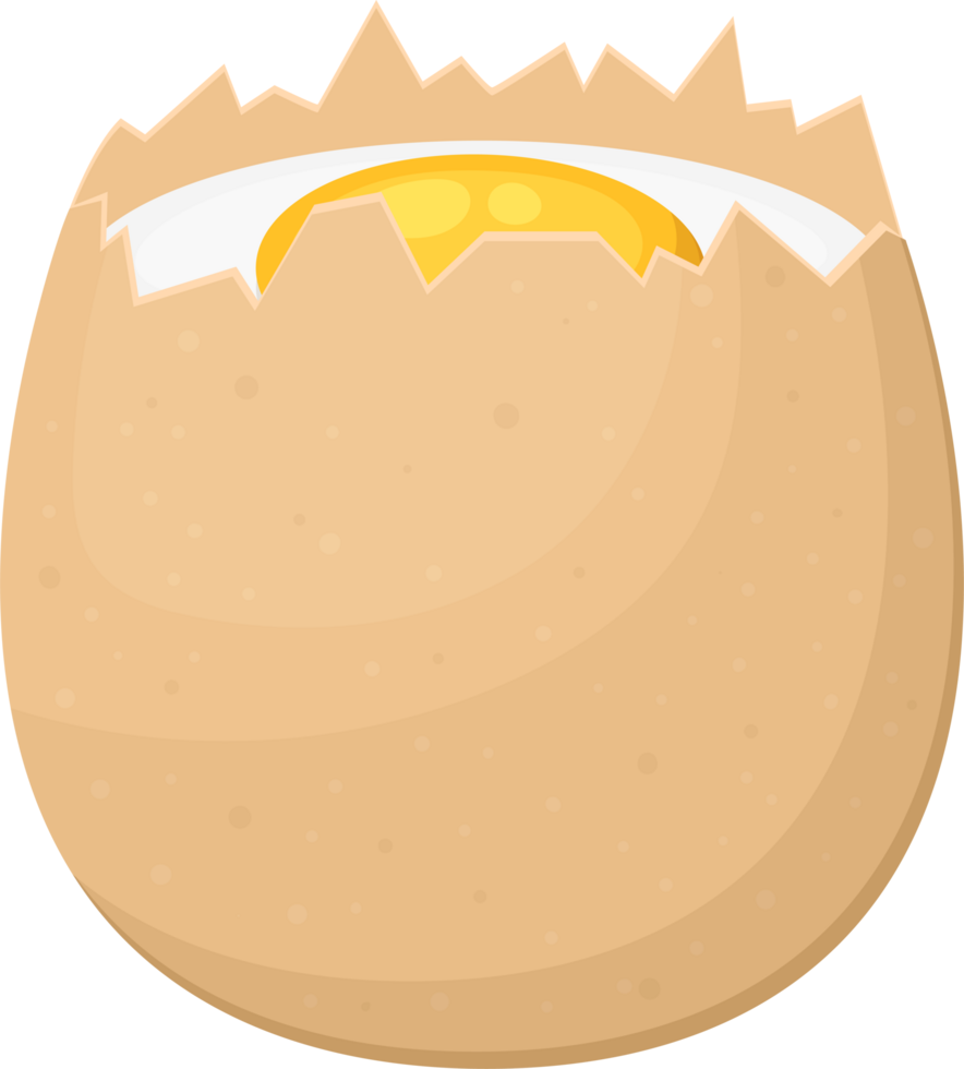 Cracked egg with yolk peeking out of the shattered shell. png