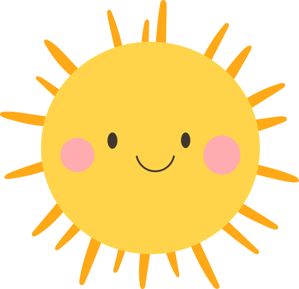 Cheerful cartoon-style sun with a cute face and rosy cheeks, radiating warmth and happiness with its bright yellow glow. png