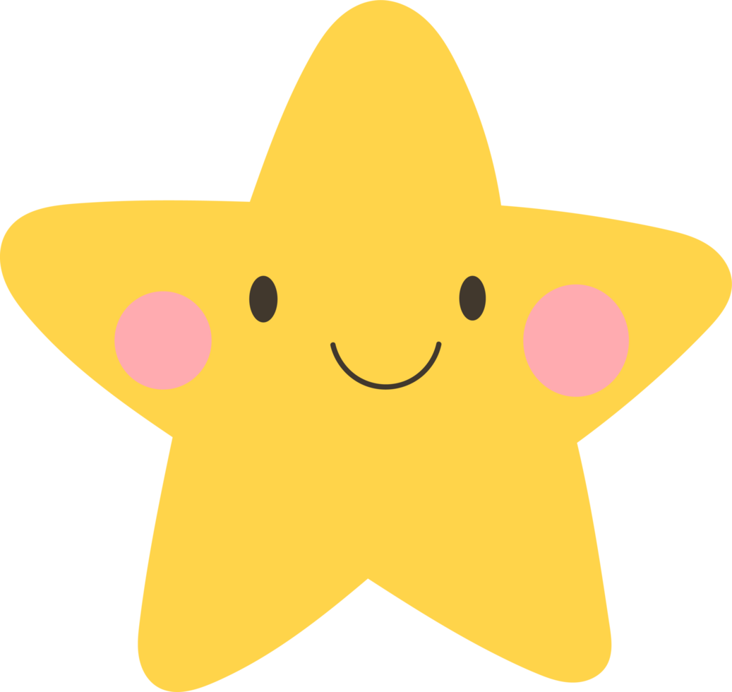 Cheerful yellow star with a cute face and pink cheeks, radiating happiness and joy, perfect for illustrations and designs. png