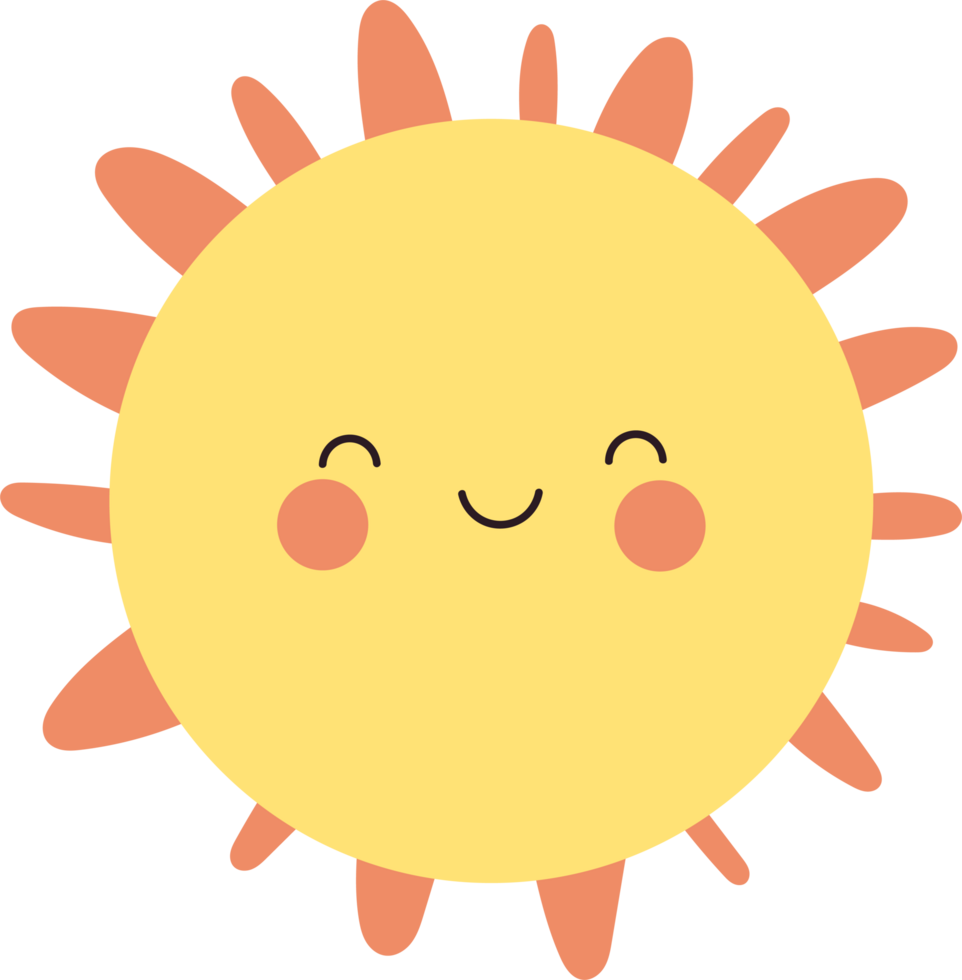 A whimsical illustration of a smiling, yellow sun with warm orange rays radiating outward. Cheerful design evokes positivity and summer. png