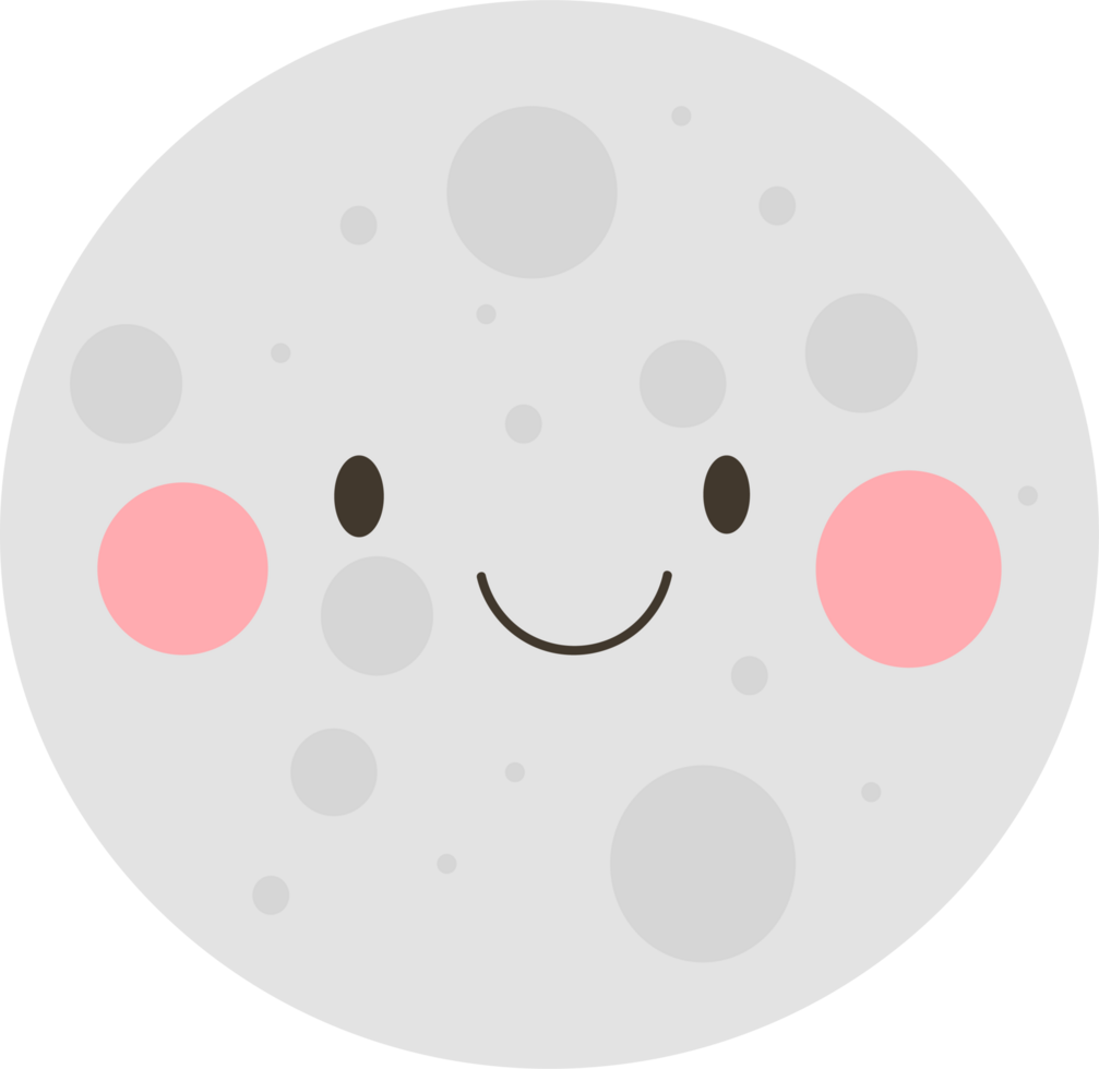 Whimsical moon with a playful smile and rosy cheeks, radiating warmth and charm in its celestial glow, a delightful cosmic companion. png