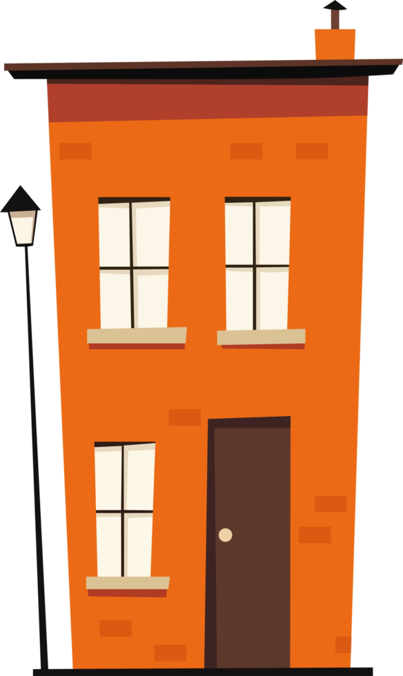 Stylized orange brick building with a simple rectangular shape, two stories, and a streetlamp on the side. Cartoon aesthetic. png