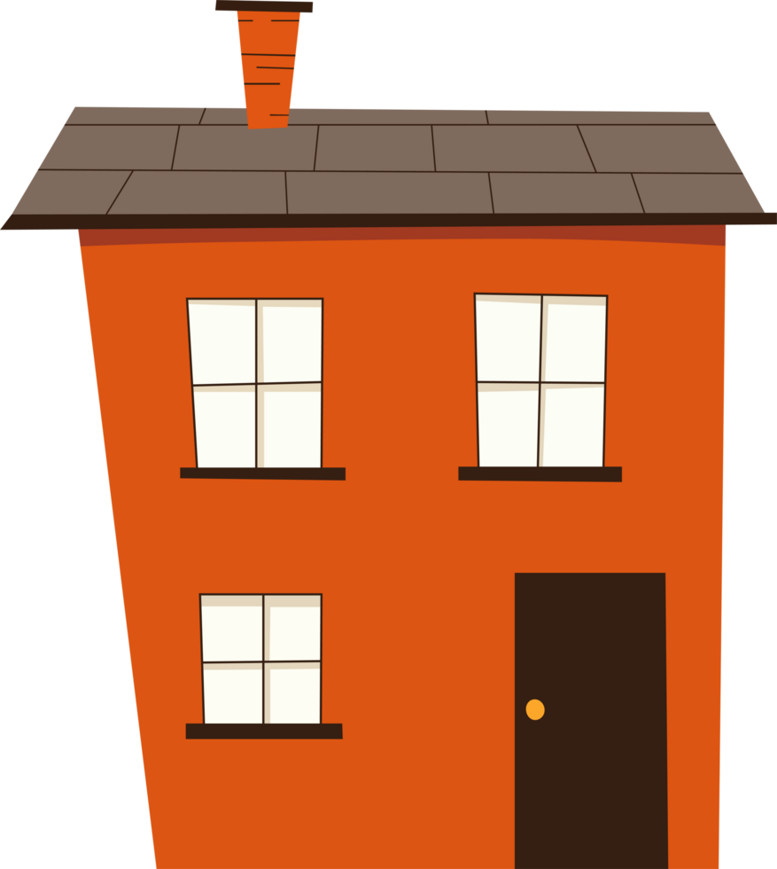 Stylized cartoon of a simple two-story orange house with a brown roof and door, featuring four white-framed windows and a chimney. png