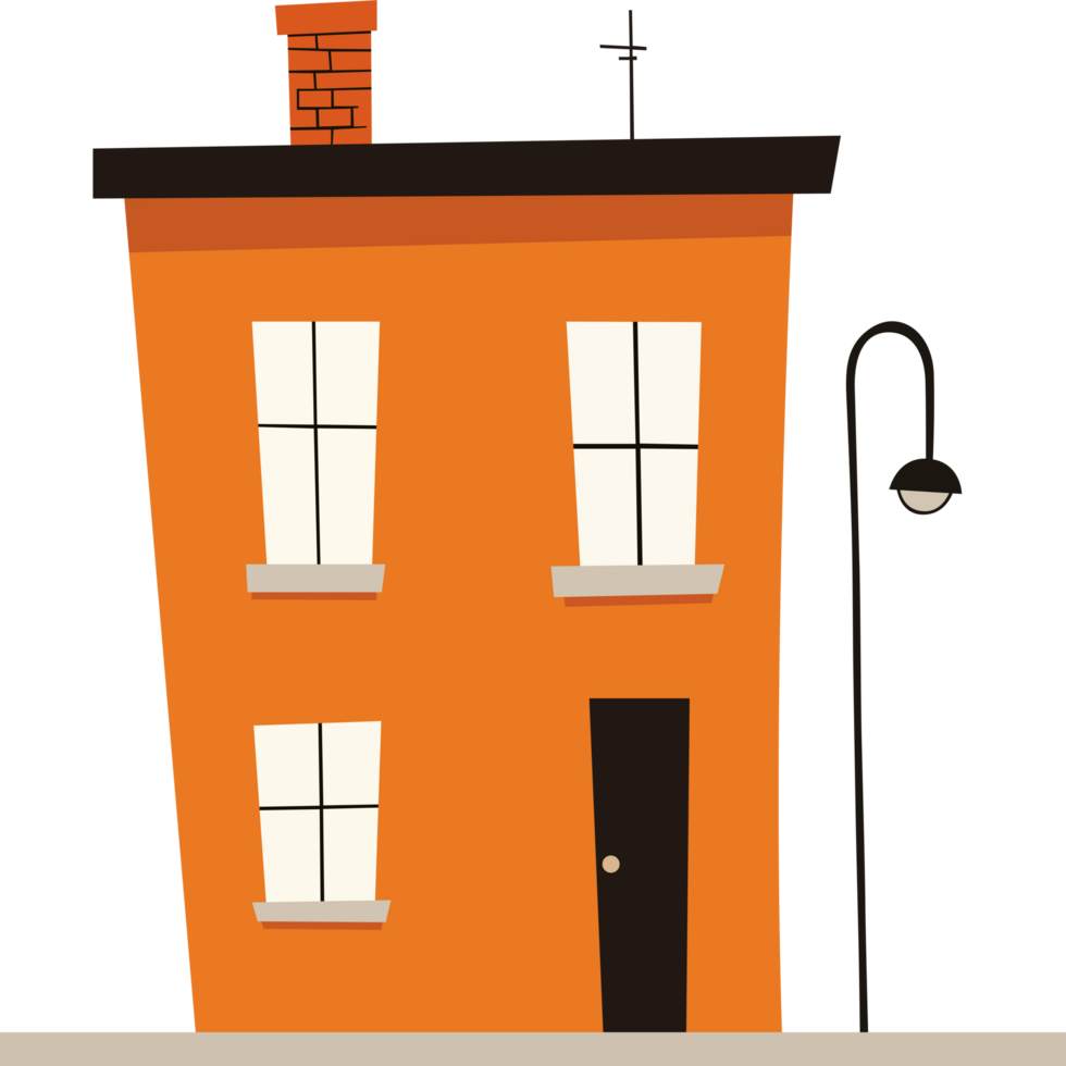 Cartoon style illustration of a house with a chimney and a black door standing next to a lamppost. The home is orange and has 3 windows. png