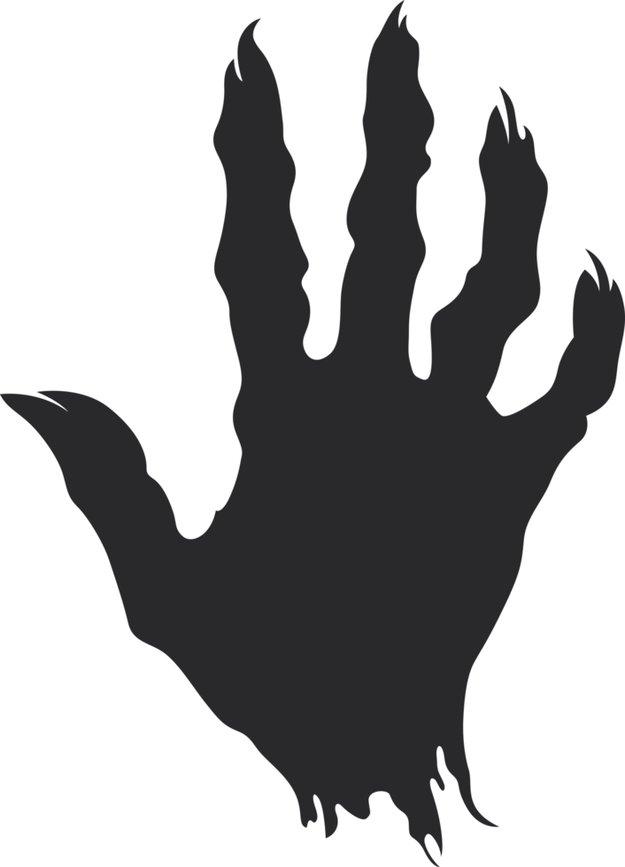 Silhouetted creature claw emerging from darkness, sharp talons extend. Eerie mystery, primal and menacing, a haunting silhouette of dread. png