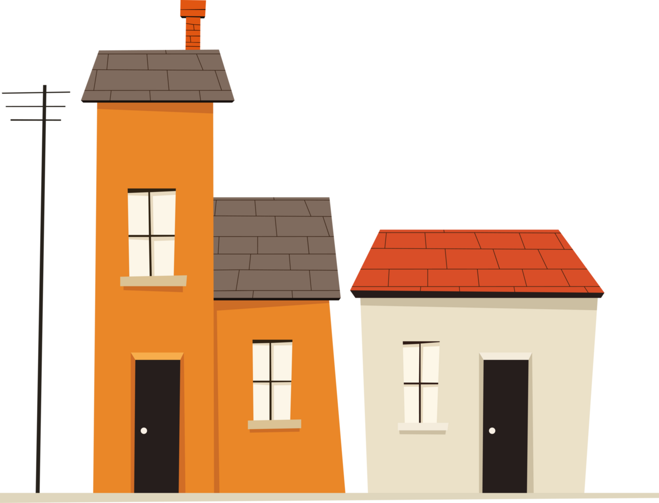 Two cartoon houses stand side-by-side, one taller and orange with a chimney, the other smaller and white with a red roof. An electrical pole stands. png