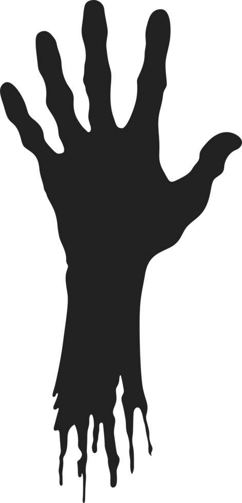 Silhouette of a reaching hand with ragged edges, creating a sense of decay and desperation against a stark, isolated background. png