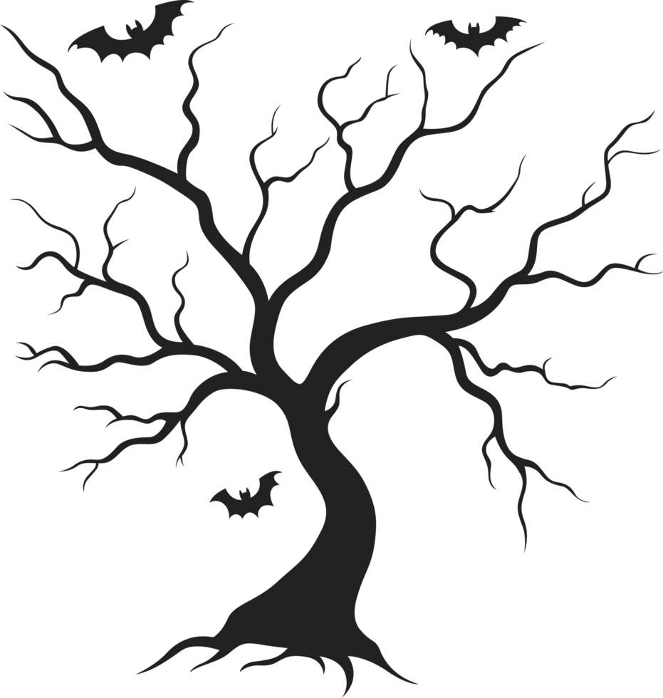 Silhouette of a spooky tree and bats set against a dark night sky evokes the eerie atmosphere of Halloween and haunted happenings. png