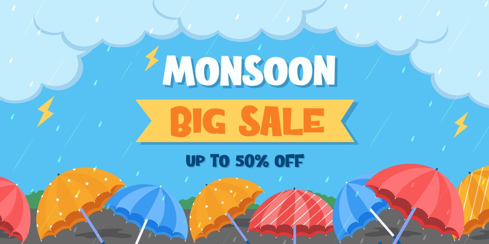 Colorful umbrellas monsoon season background, Monsoon Sale Poster. Monsoon Sale banner. Discount, Offers. monsoon season background. illustration. vector