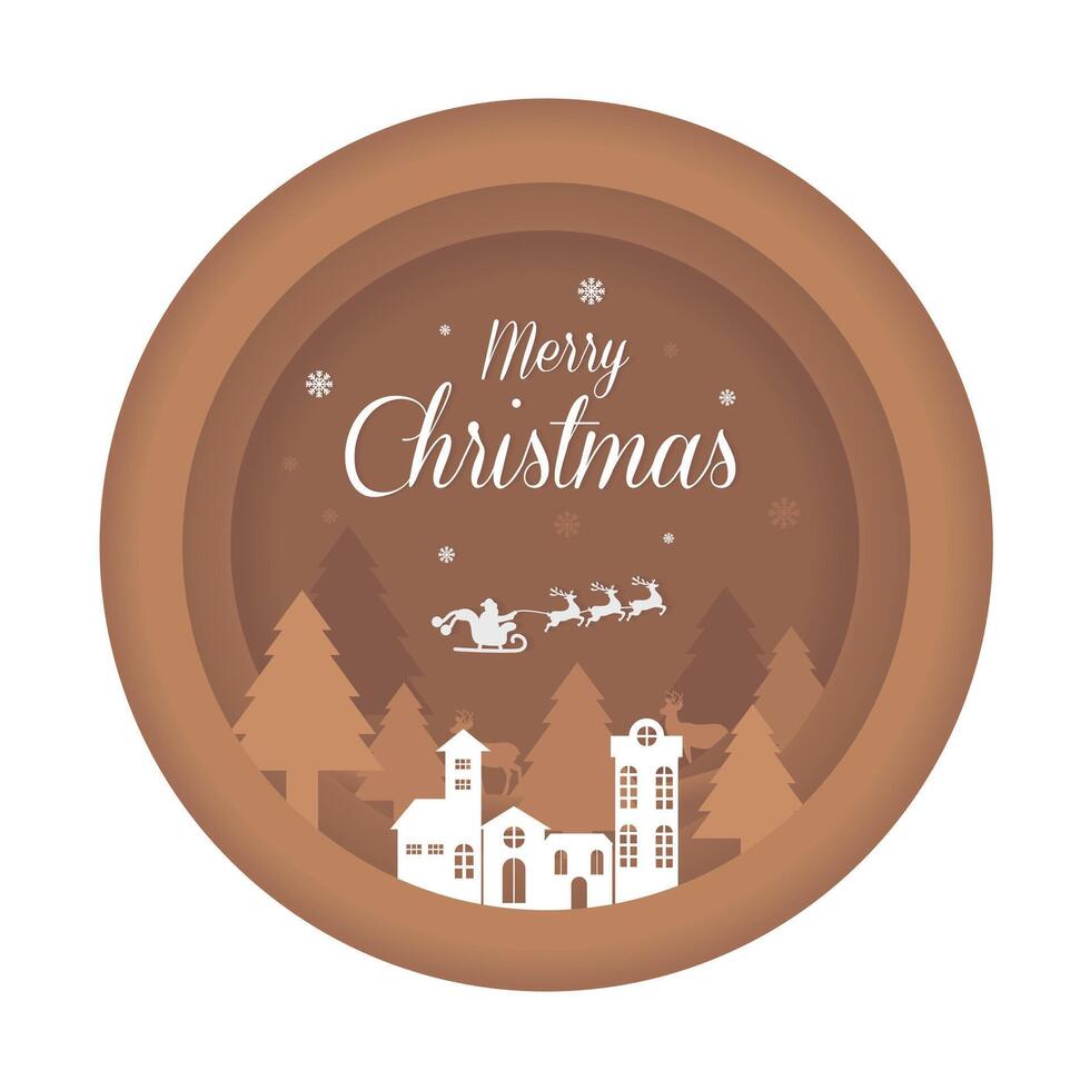 Merry Christmas paper cut with tree in the village with the mountain . Multi-layered decorative illustration vector