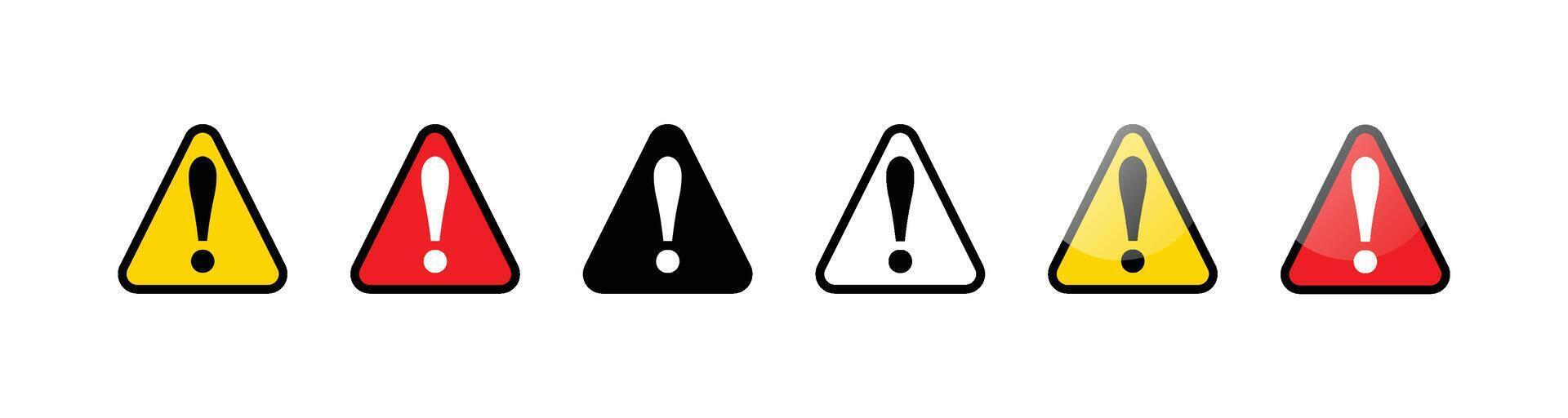 Set of Alert and Warning Sign Icons - Red, Yellow, and Black Exclamation Mark Symbols on White Background vector