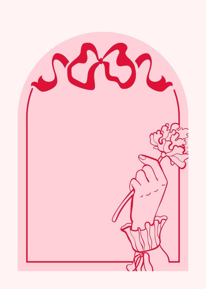 Birthday frame with hand that holds rose, in vintage clothes. Bows ribbon on pink arch background. Coquette aesthetic outline style. Postcard for invitation, party. doodle illustration. vector