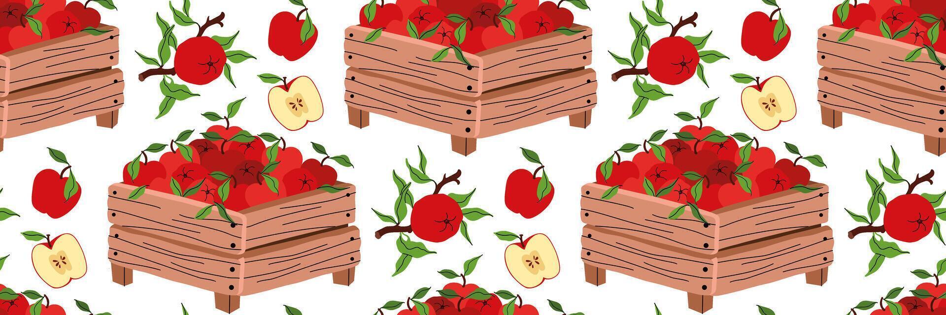 Wooden box full of red apples seamless pattern. Green leaves, fresh harvest, farm, organic food themes. Flat illustration for packaging, branding, or seasonal market. vector
