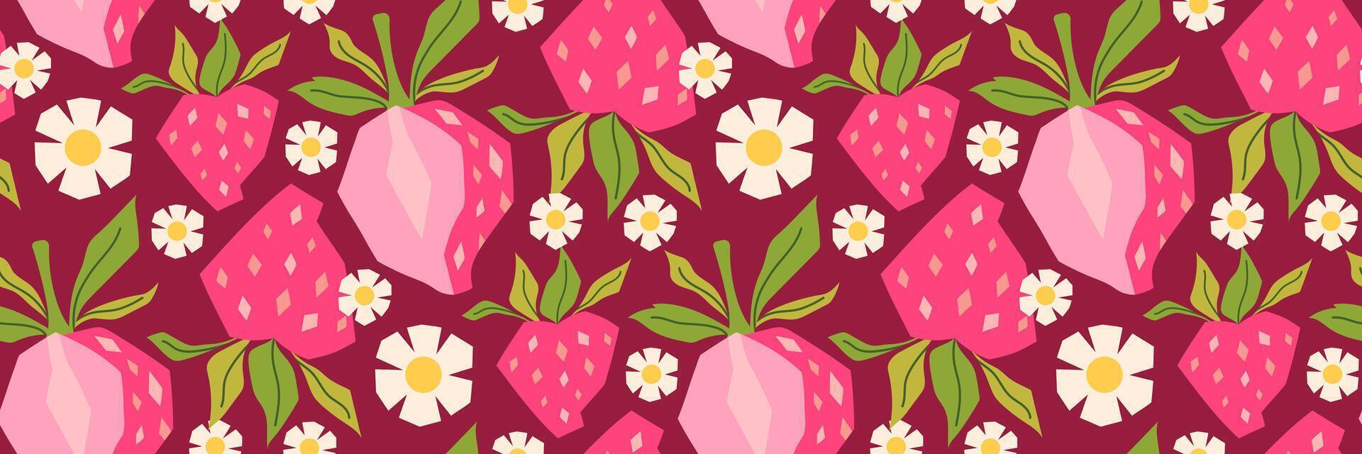 Vibrant low poly style seamless pattern with strawberry. Berry, green leaves, and daisy on red background. Perfect for textiles, packaging, seasonal menu, summer cocktail. flat illustration. vector