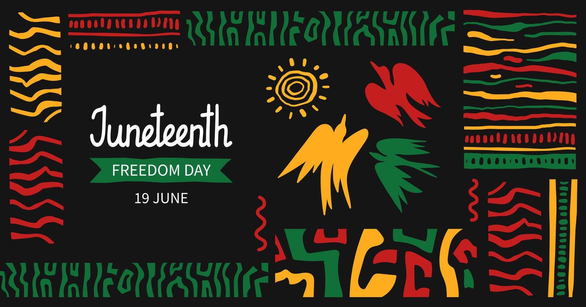 Juneteenth celebration horizontal banner template. Background with Abstract ethnic ornament and bird of freedom. curved drawn stripes. African-American Independence Day. doodle illustration. vector