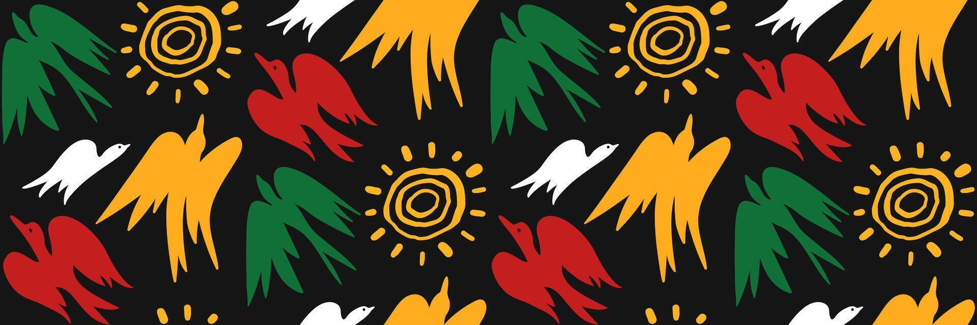 African geometric seamless pattern with hand drawn birds of freedom and sun. Abstract ethnic horizontal background. Juneteenth celebration background. doodle illustration. vector