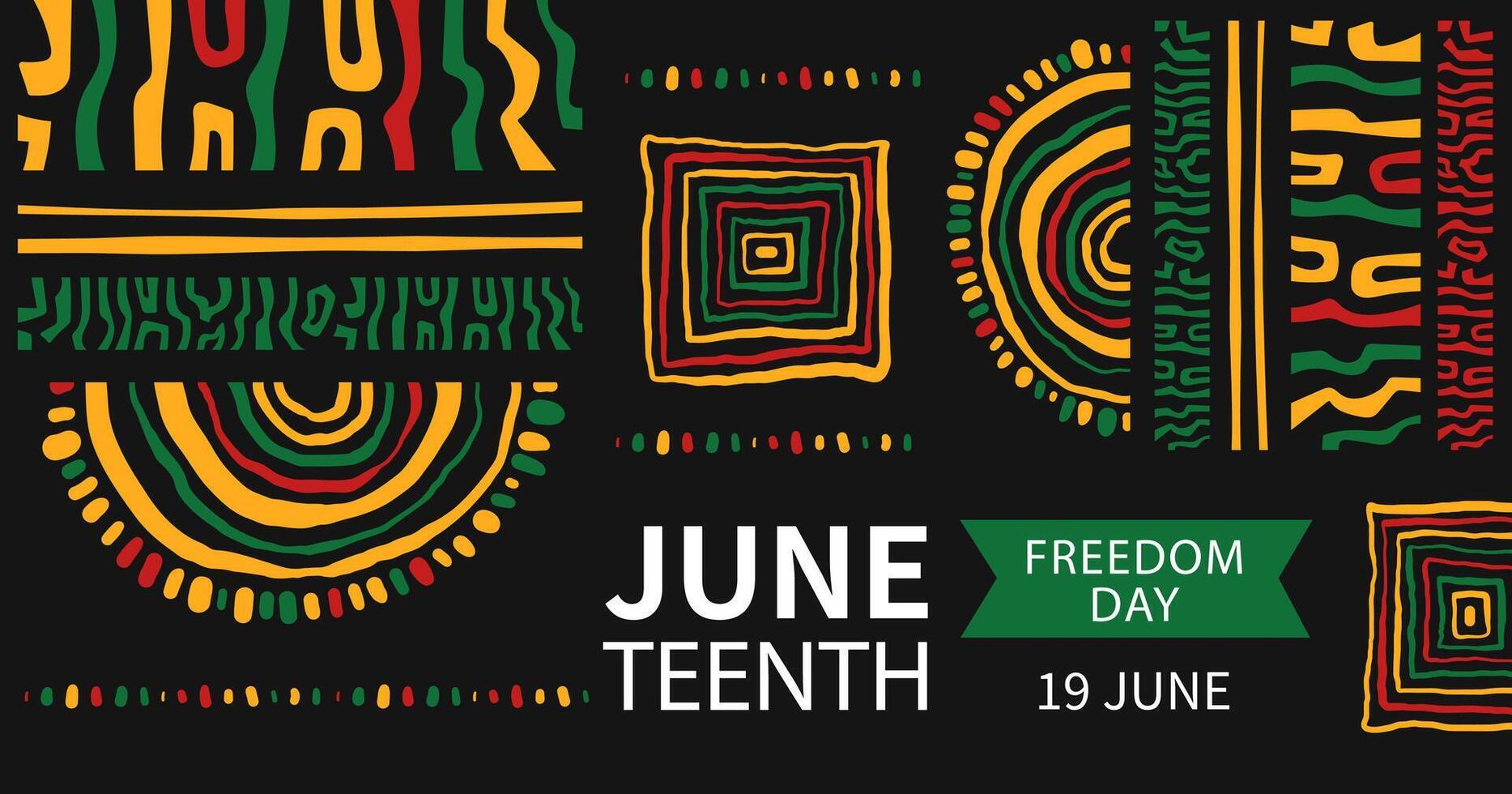 Juneteenth celebration horizontal banner template. Background with Abstract ethnic ornament. Curved stripes, circle, animalistic pattern. African-American Independence Day. doodle illustration. vector