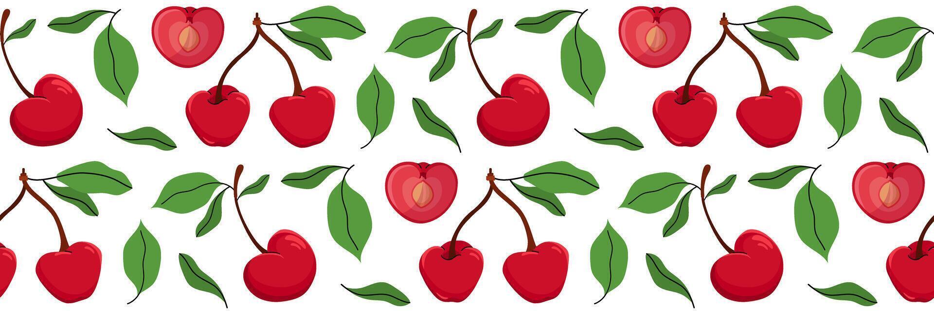 Seamless pattern with cherry, whole and one sliced in half showing pit. Spring garden background. Perfect for textile, menu, packaging, kitchen design. Cartoon illustration. vector