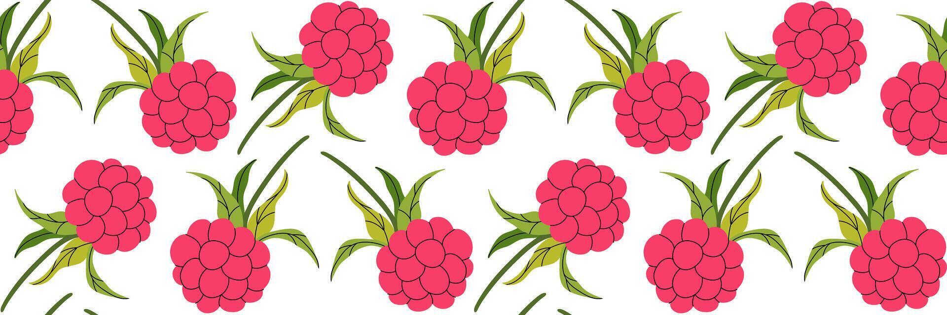 Pink raspberry seamless pattern on white background. Spring garden background. Summer berry menu, cold drinks. Perfect for textile, menu, packaging, kitchen design. Flat illustration. vector