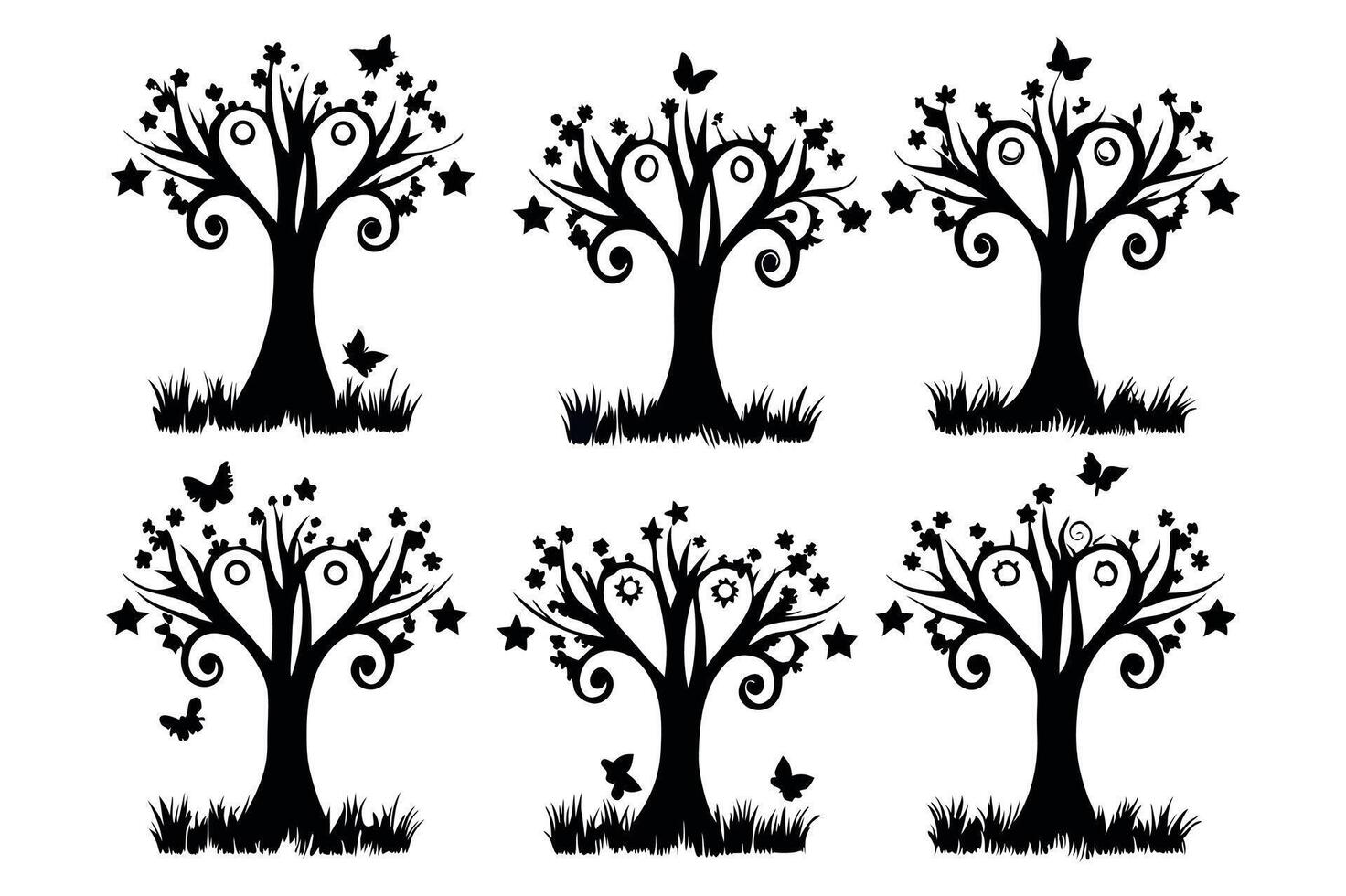 Tree Silhouettes Set Deciduous, Oak, vector
