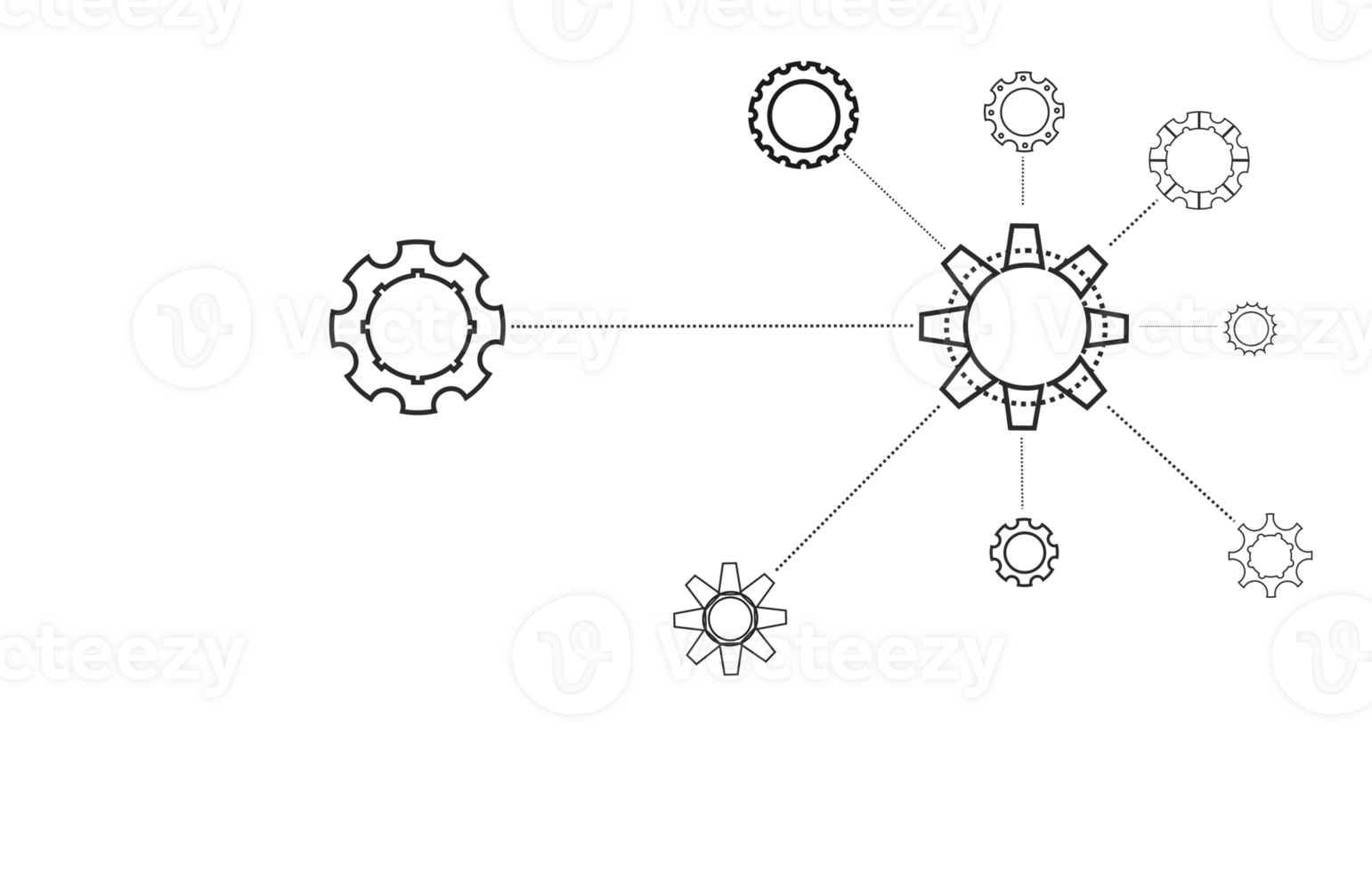 Black contours of white cogwheels of different types are connected to each other by broken lines on a transparent layer png