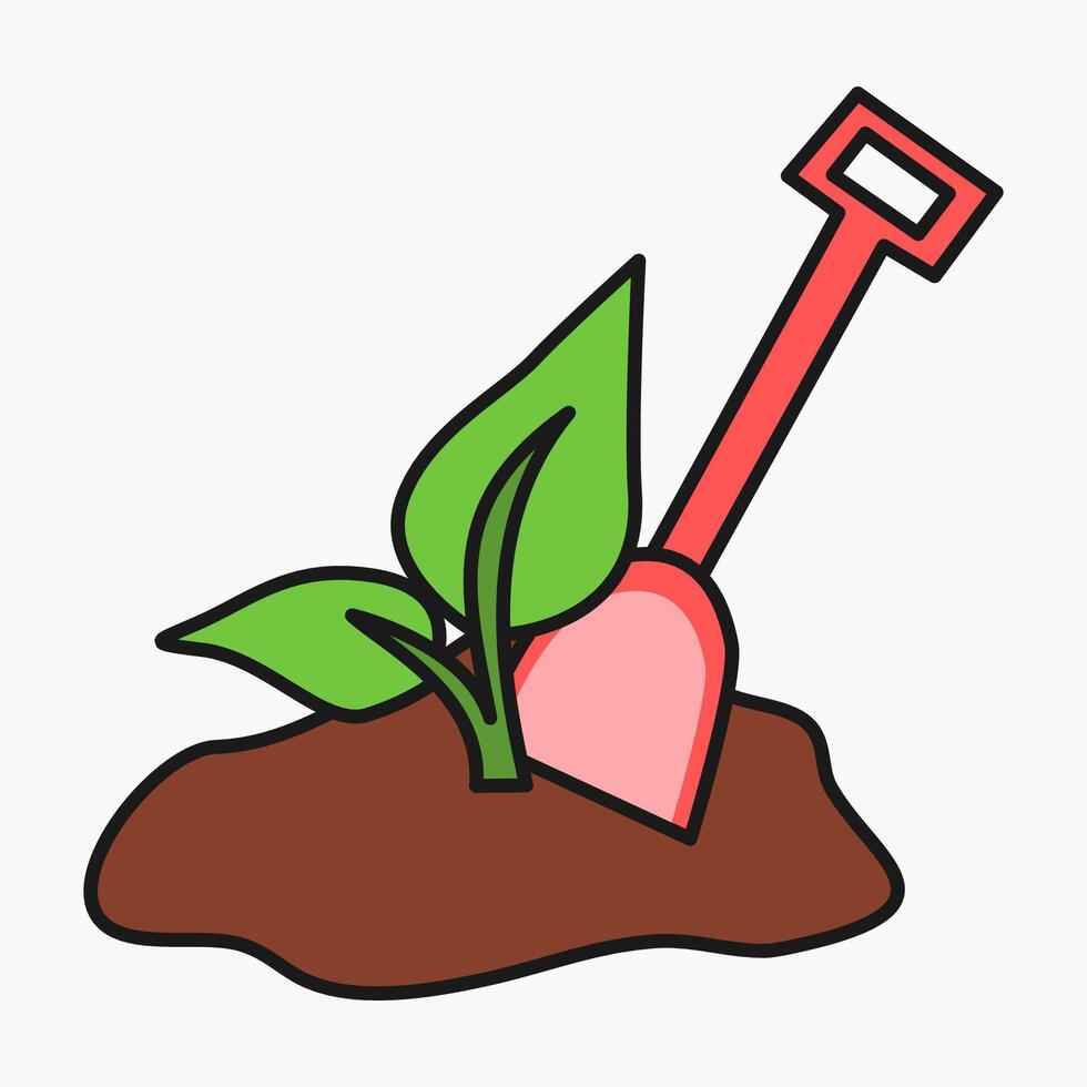 Colorful cartoon of green plant with red shovel and soil vector